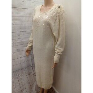 Inspiration Crochet Sweater Dress Embellished Rhinestone Ivory M